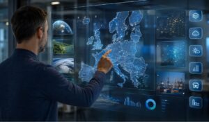 Analista consultando un panel interactivo con datos abiertos de alto valor de Europa