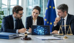 Responsables europeos analizan la regulación de la inteligencia artificial junto a una bandera de la Unión Europea
