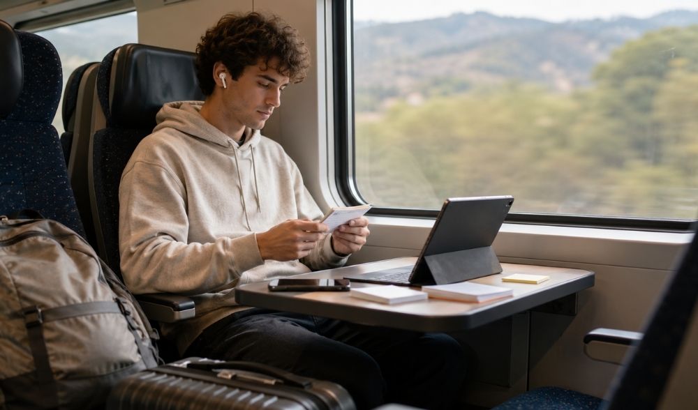 Opositor TIC repasando fichas de estudio durante un viaje en tren.