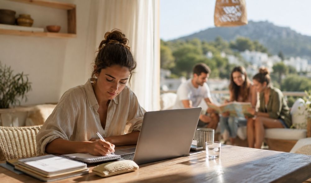 Opositor TIC estudiando durante las vacaciones mientras sus amigos disfrutan del tiempo libre