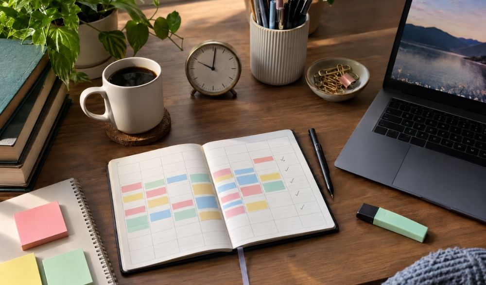 Planificador semanal de estudio sobre un escritorio con bloques de tiempo, portátil, libros y post-it