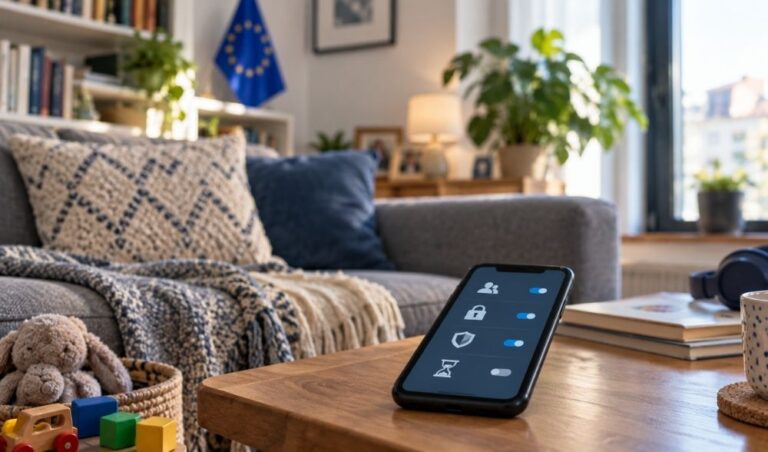 Teléfono móvil con controles parentales y de privacidad para proteger a menores en redes sociales en la Unión Europea
