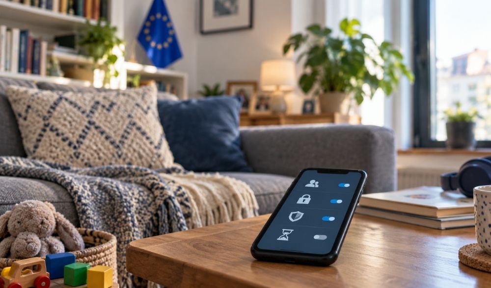 Teléfono móvil con controles parentales y de privacidad para proteger a menores en redes sociales en la Unión Europea