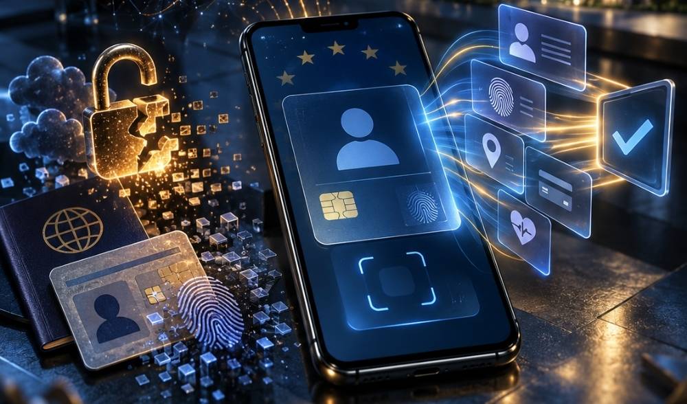 Cartera europea de identidad digital eIDAS2 representada en un smartphone junto a elementos de ciberseguridad y protección de datos.