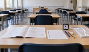 Aula preparada para un examen de oposiciones TIC A1 con cuadernillo, hoja de respuestas y material de examen