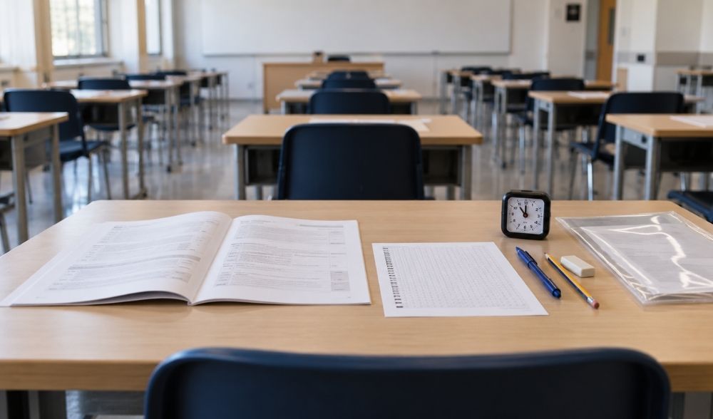 Aula preparada para un examen de oposiciones TIC A1 con cuadernillo, hoja de respuestas y material de examen